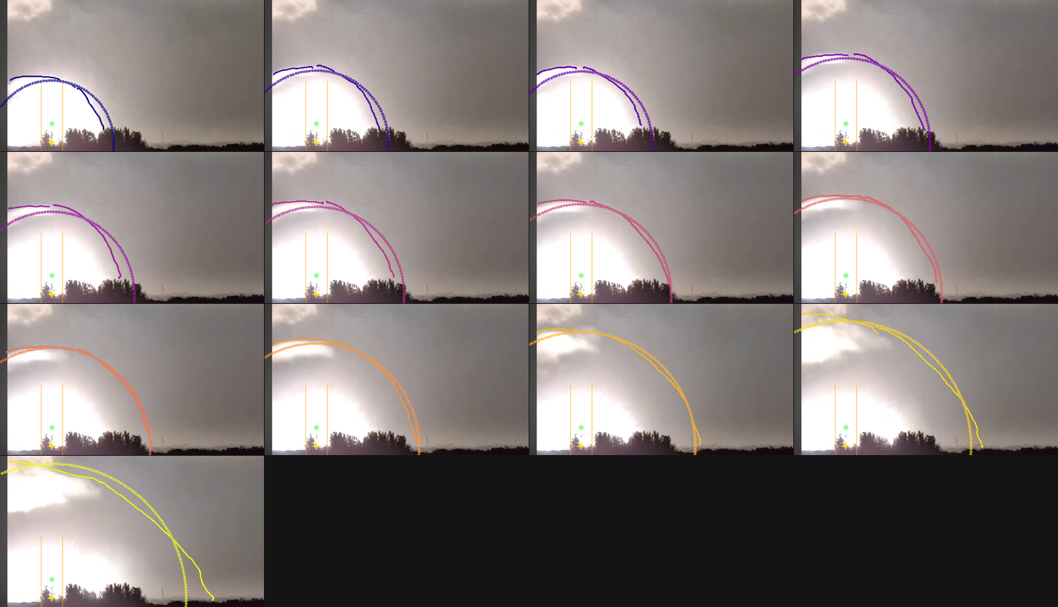 Per-frame blast arc grid with fitted circles